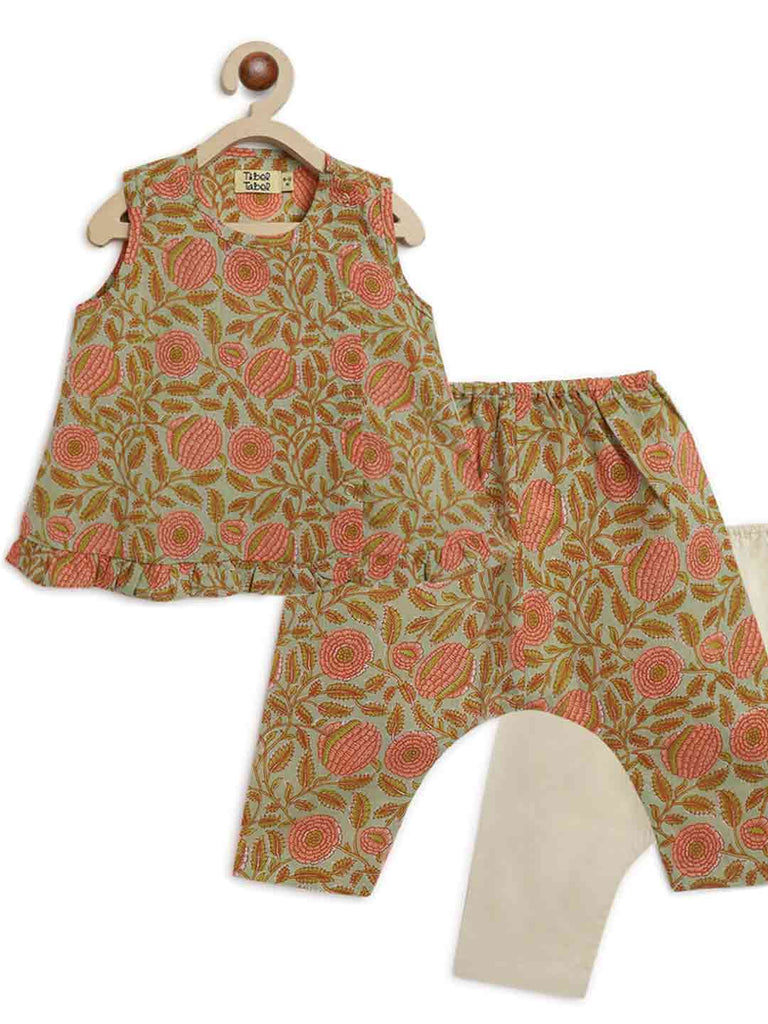Girls Jhabla Floral Jaal Green by Tiber Taber Kids