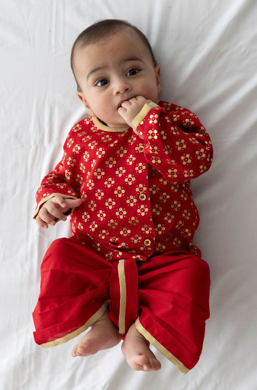 Red & White Bandhani Dhoti Kurta Set