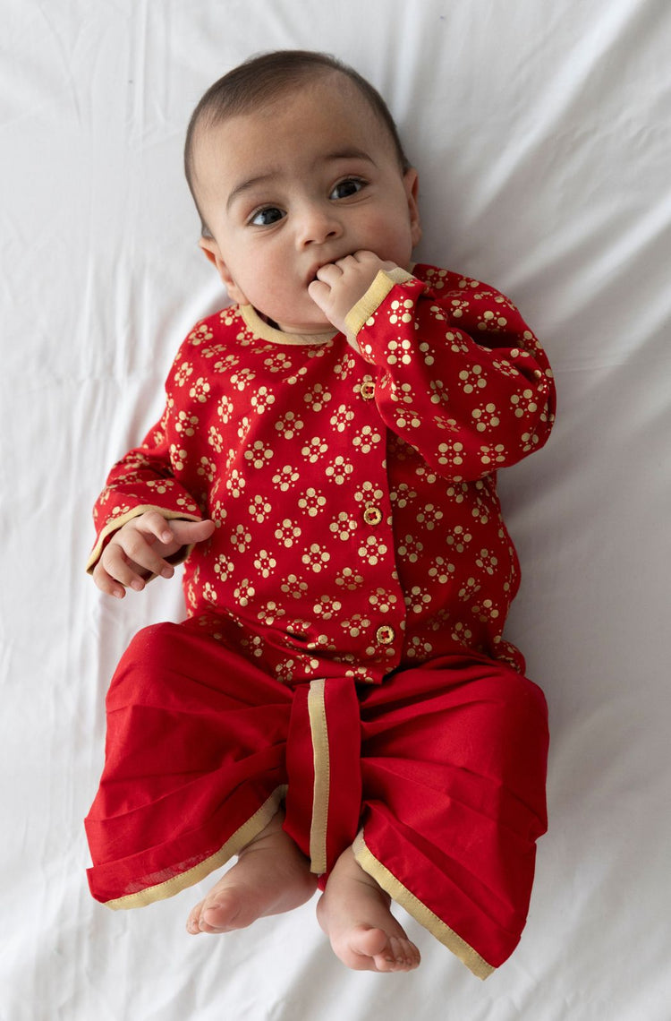 Red & White Bandhani Dhoti Kurta Set