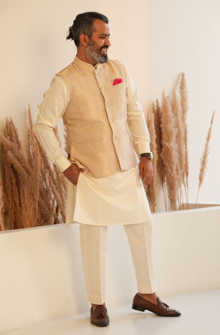 Raja Saheb Mens Bundi Jacket - Cream
