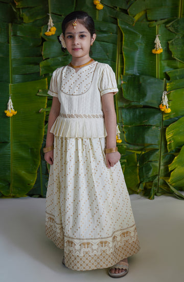 Girl Bandhani Pattu Pavdai-Cream by Tiber Taber Kids