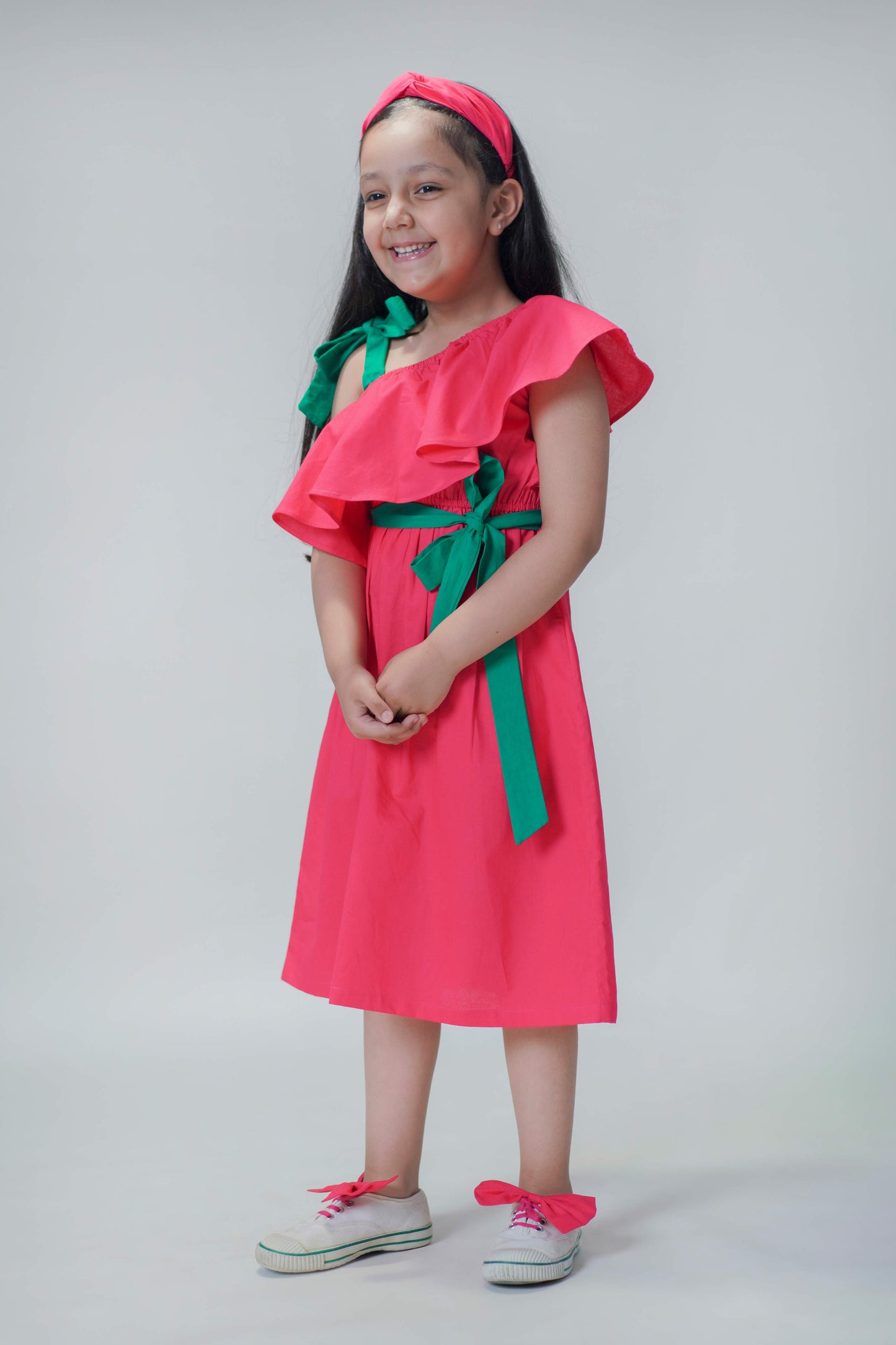 Girls Solid Ruffle Dress-Pink by Tiber Taber Kids