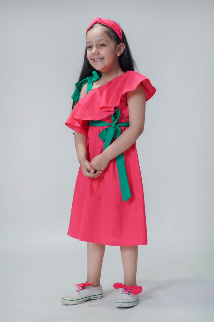 Girls Solid Ruffle Dress-Pink by Tiber Taber Kids