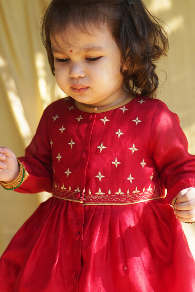 Baby Girl Red Chanderi Buta Angrakha Set by Tiber Taber Kids