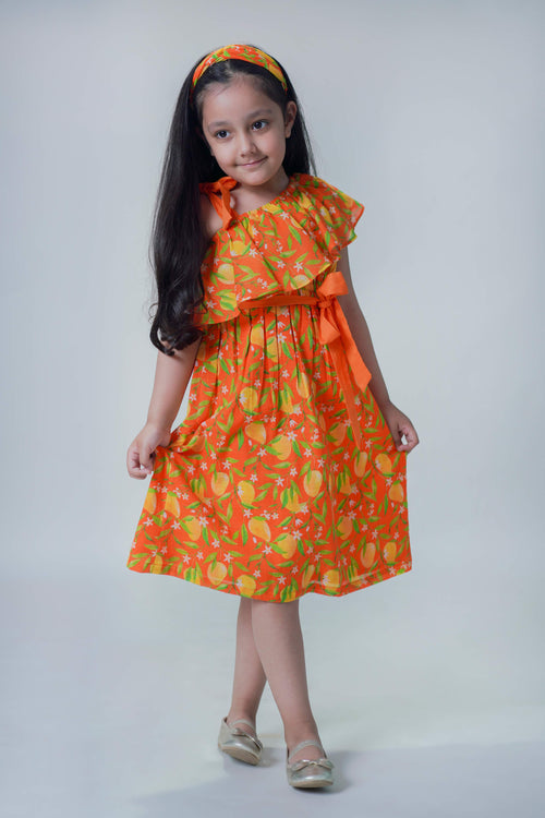 Girls One Shoulder Dress-Orange by Tiber Taber Kids