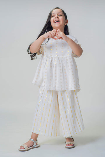 Girl Golden Culottes and Top Set-White by Tiber Taber Kids