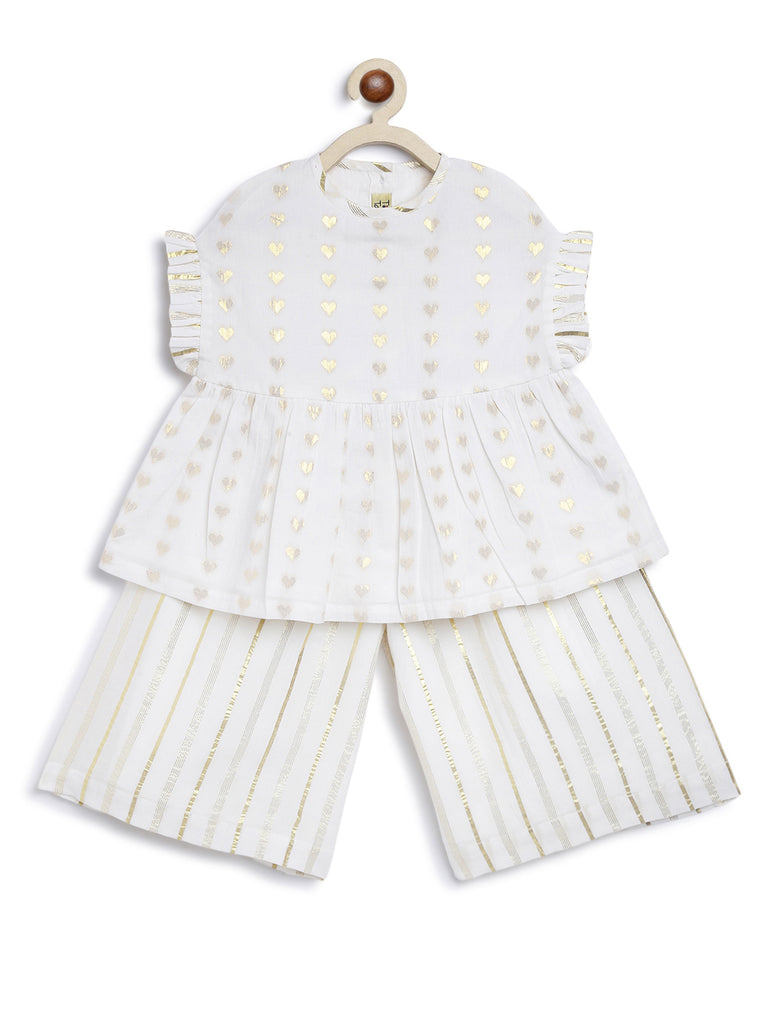 Buy Girl Golden Culottes and Top Set-White by Tiber Taber Kids