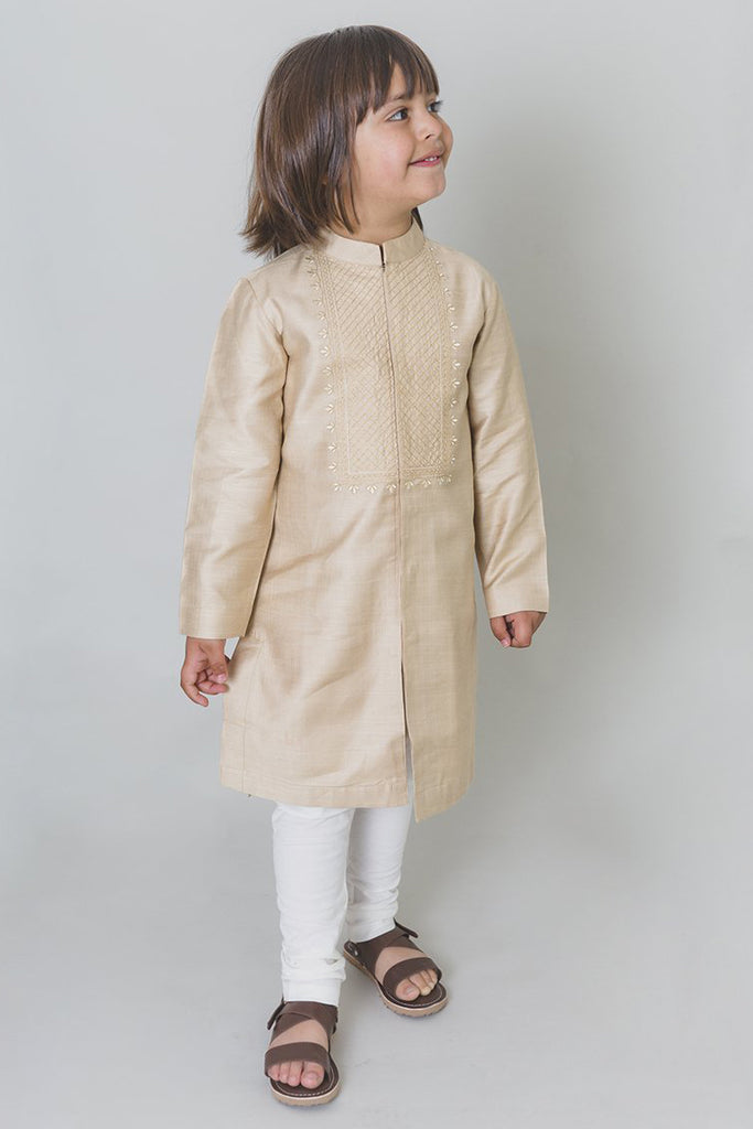 Boys Beige Cross Yoke Kurta Set by Tiber Taber Kids