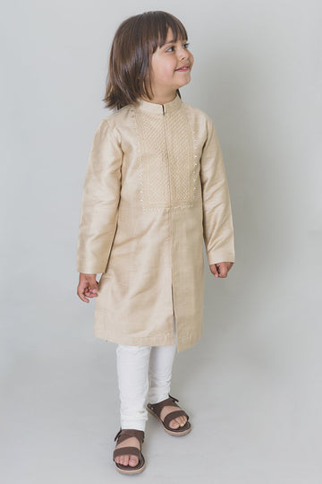 Boys Beige Cross Yoke Kurta Set by Tiber Taber Kids