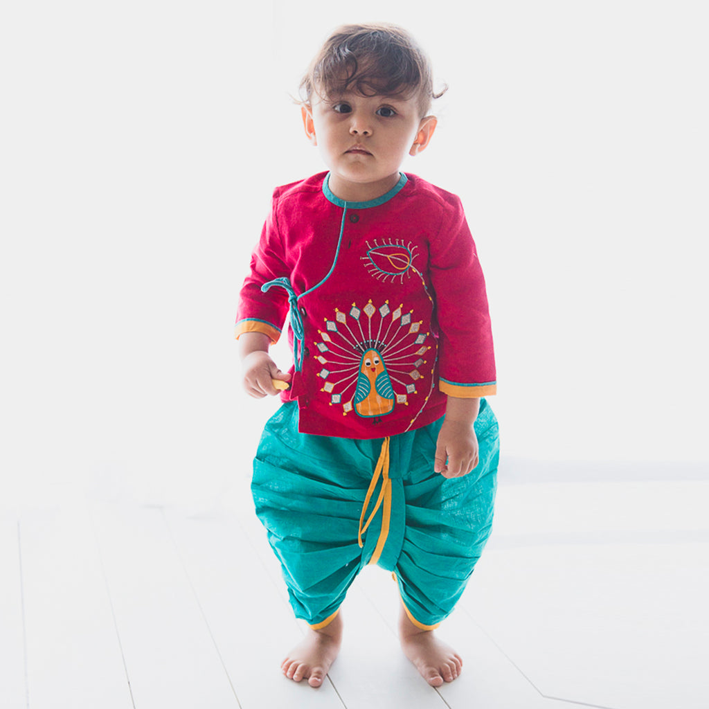Boy Red Peacock Dhoti Set by Tiber Taber Kids