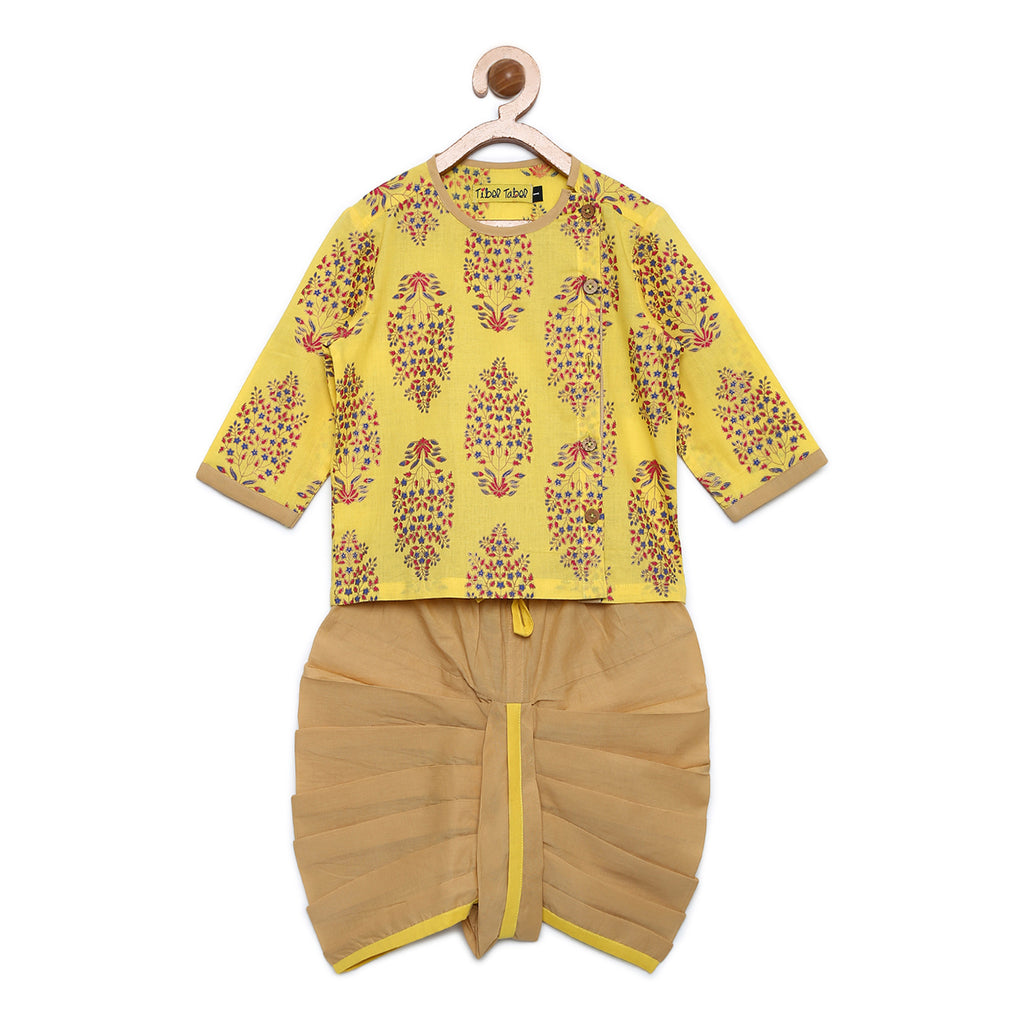 Boy Yellow Buta print Kurta Dhoti set by Tiber Taber Kids