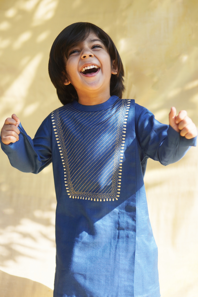 Boys Blue Diagonal Yoke Dhoti Set by Tiber Taber Kids