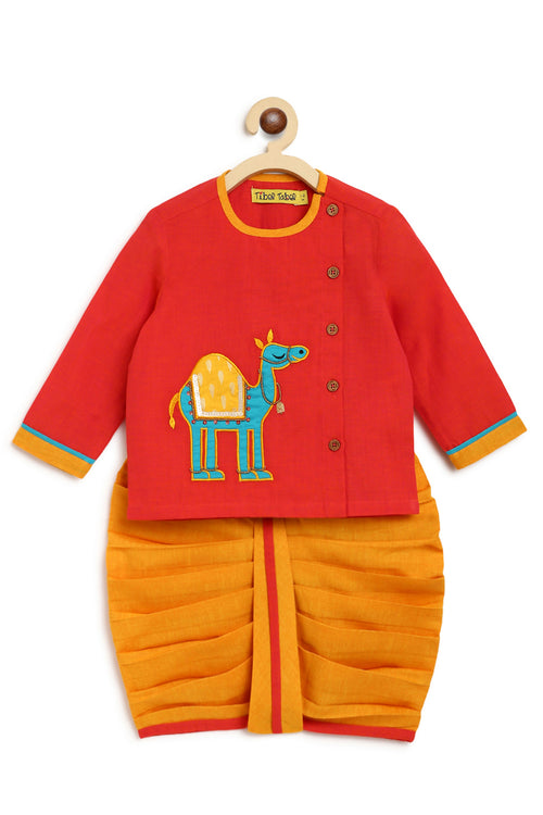 Baby Boy Peach Royal Camel Dhoti Set by Tiber Taber Kids