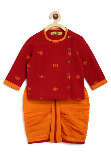 Baby Boy Maroon Indus Pixel Dhoti Set by Tiber Taber Kids