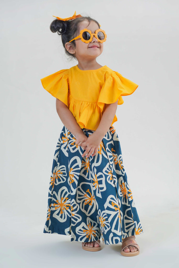Buy Girls Culottes Pant Ruffle Top Set-Blue by Tiber Taber Kids