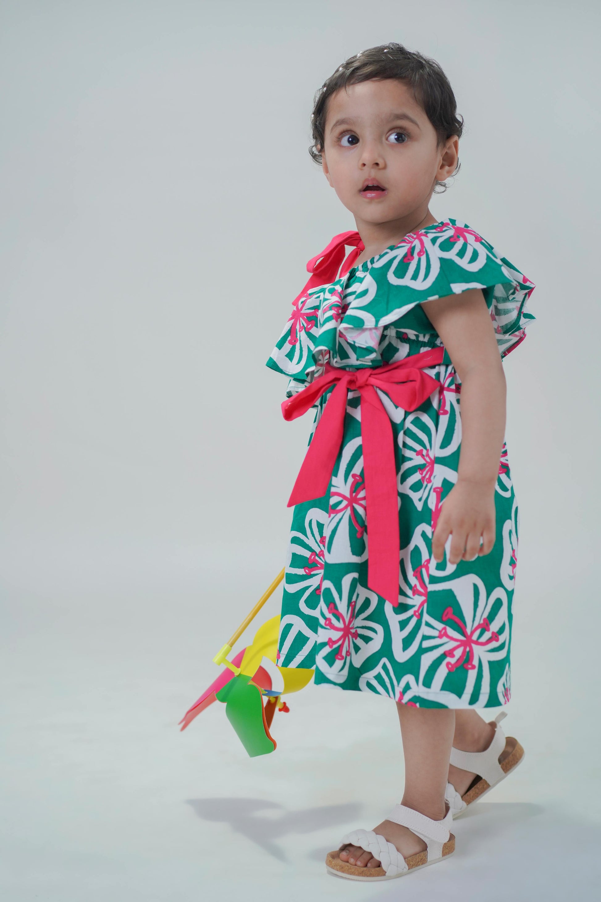 Buy Girls Print Ruffle Dress-Green by Tiber Taber Kids