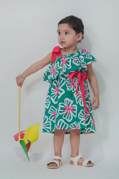Girls Print Ruffle Dress-Green by Tiber Taber Kids