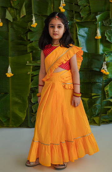 Girls Ruffle Saree-Yellow by Tiber Taber Kids