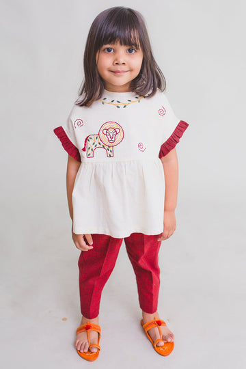Girl White Gond Lion Top Set by Tiber Taber Kids