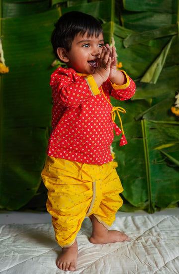 Baby Boy Bandhani Dhoti Kurta Set-Red by Tiber Taber Kids