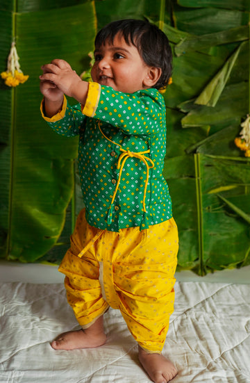 Baby Boy Bandhani Dhoti Kurta Set-Green by Tiber Taber Kids