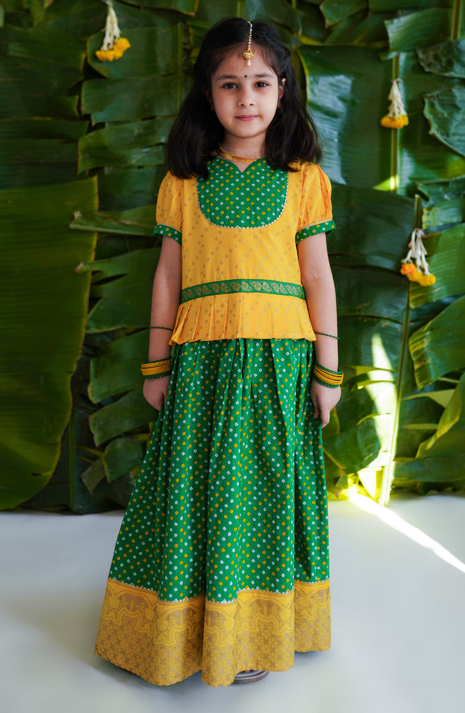 Girl Bandhani Pattu Pavdai-Yellow by Tiber Taber Kids