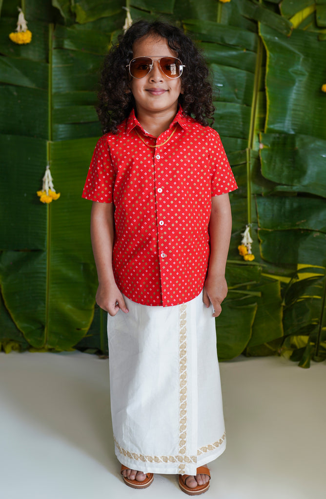2 Pc Mundu Dhoti Shirt Set-Red by Tiber Taber Kids
