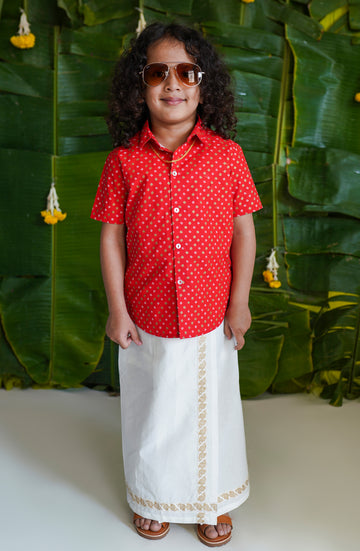 2 Pc Mundu Dhoti Shirt Set-Red by Tiber Taber Kids