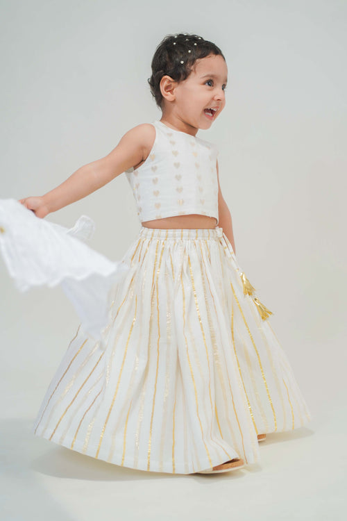 Girl Golden Hearts Lehenga Choli Set-White by Tiber Taber Kids
