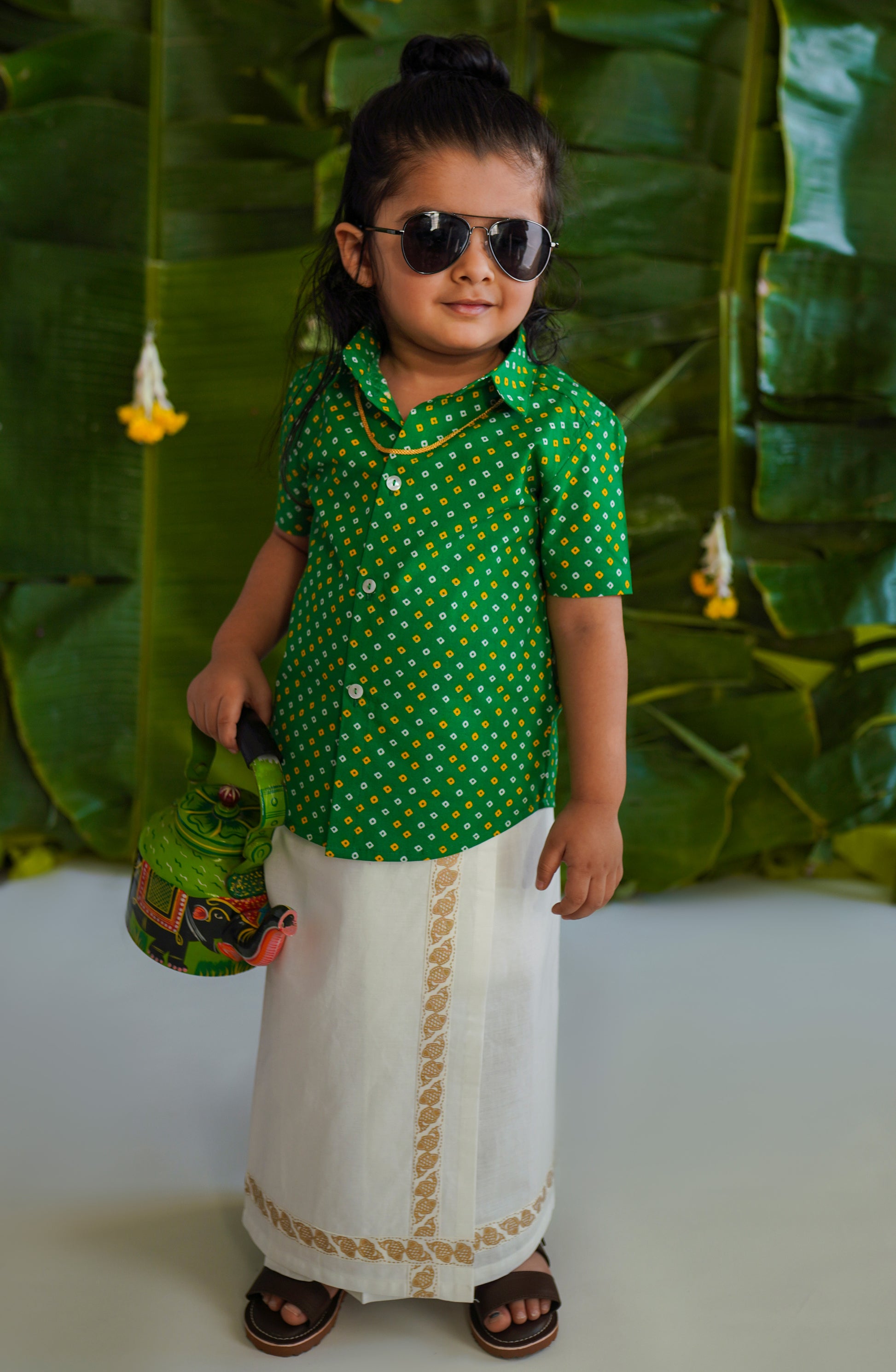 2 Pc Mundu Dhoti Shirt Set-Green by Tiber Taber Kids