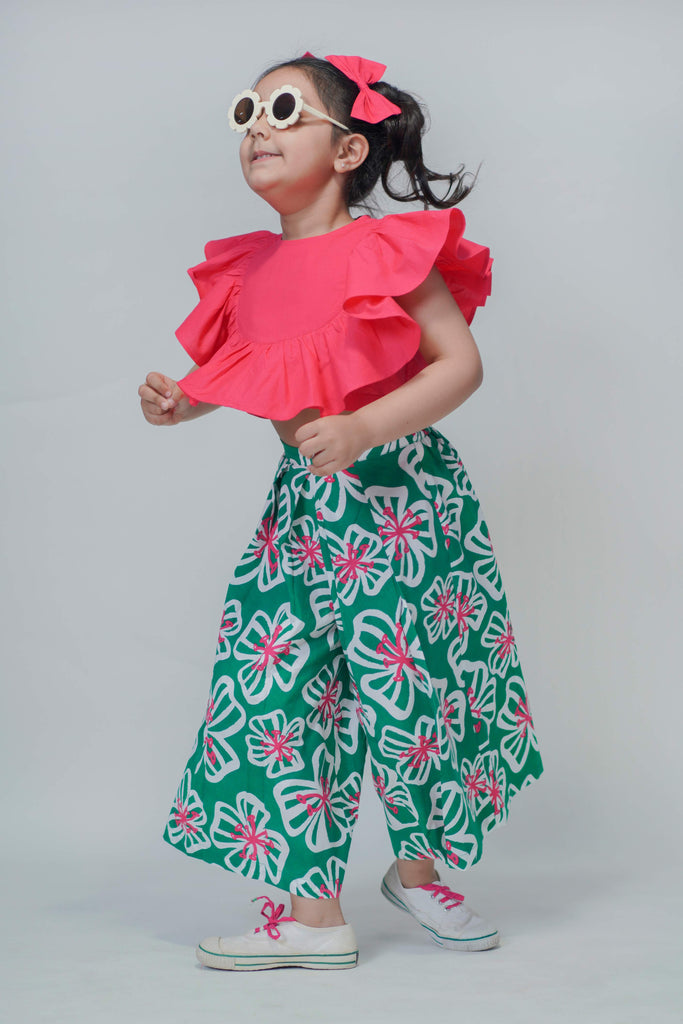 Buy Girls Culottes Pant Ruffle Top Set-Green by Tiber Taber Kids