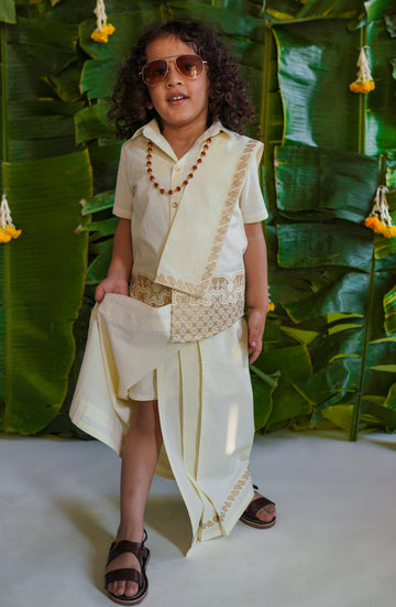 3 Pc Mundu Dhoti Shirt Set-Cream by Tiber Taber Kids