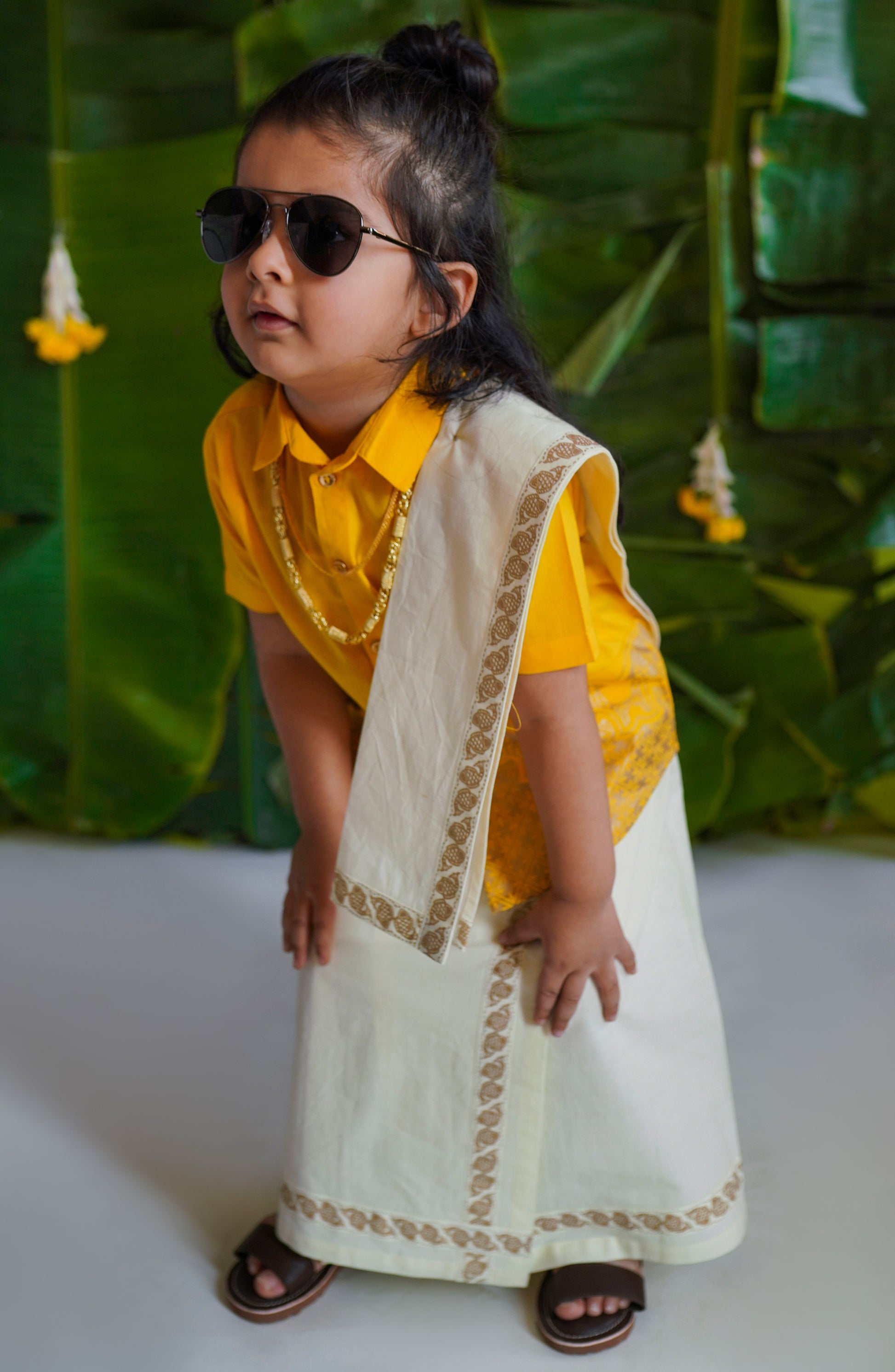3Pc Mundu Dhoti Shirt Set-Yellow by Tiber Taber Kids