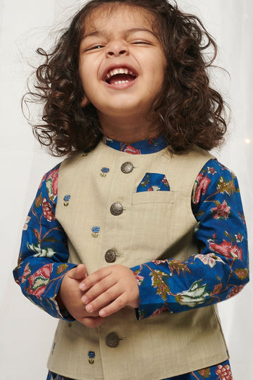 Boys Blue Printed Floral Bundi Kurta Set by Tiber Taber Kids
