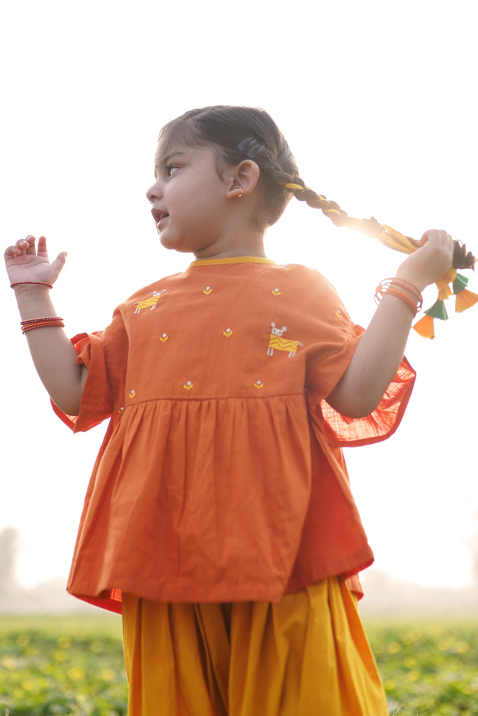 Girls Orange Phulkari Deer Top Set by Tiber Taber Kids
