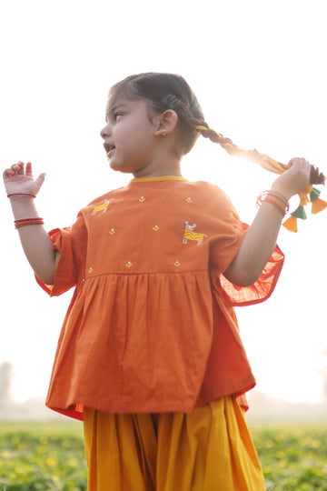 Girls Orange Phulkari Deer Top Set by Tiber Taber Kids