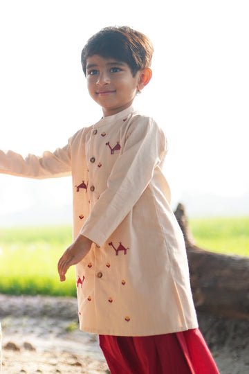 Boys Beige Phulkari Camel Kurta Set by Tiber Taber Kids