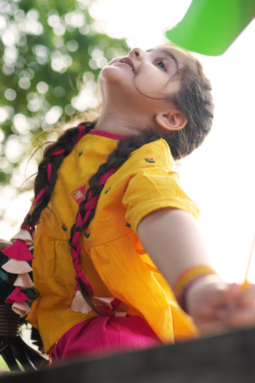 Girls Yellow Phulkari Fish Top Set by Tiber Taber Kids