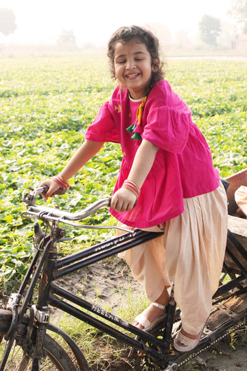 Girls Pink Phulkari Fish Top Set by Tiber Taber Kids