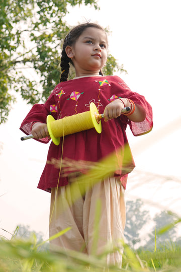 Girls Maroon Phulkari Kite Top Set by Tiber Taber Kids