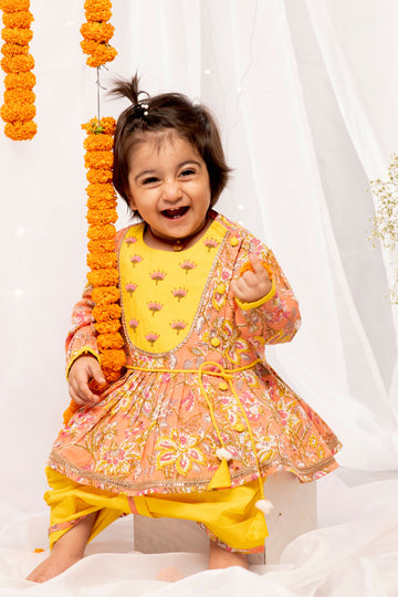 Baby Girl Peach Printed Floral Angrakha Set by Tiber Taber Kids