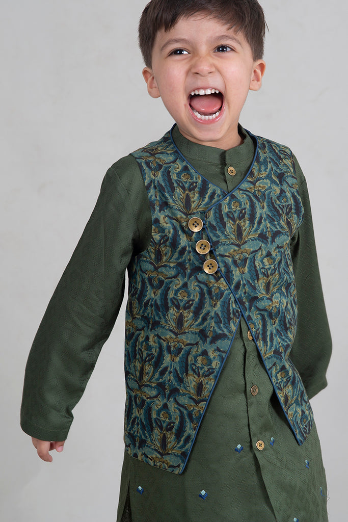 Boys Bundi Kurta Set Green Reversible by Tiber Taber Kids