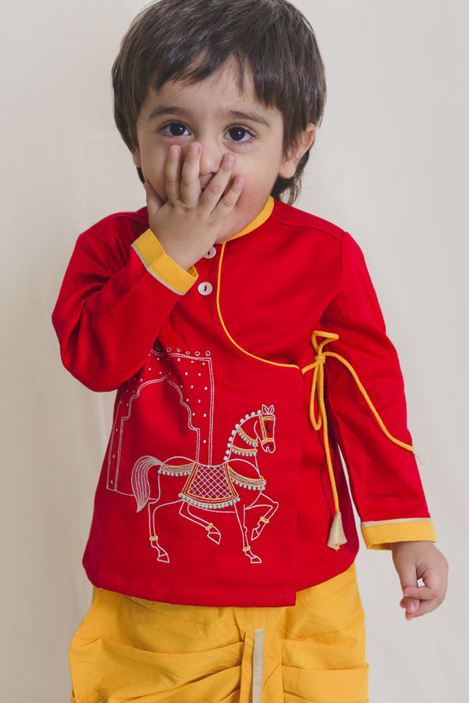 Baby Boy Red Embroidered Horse Dhoti Set by Tiber Taber Kids