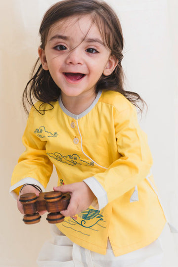 Baby Boy Yellow Embroidered Swan Dhoti Set by Tiber Taber Kids