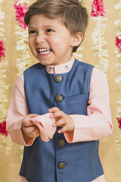 Boys Pink-Blue 3Pc Silk Kurta Set by Tiber Taber Kids
