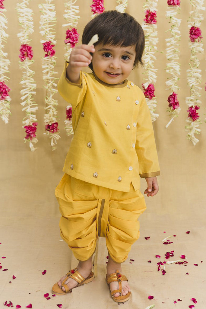 Baby Boy Yellow Embroidered Chanderi Buta Dhoti Set by Tiber Taber Kids