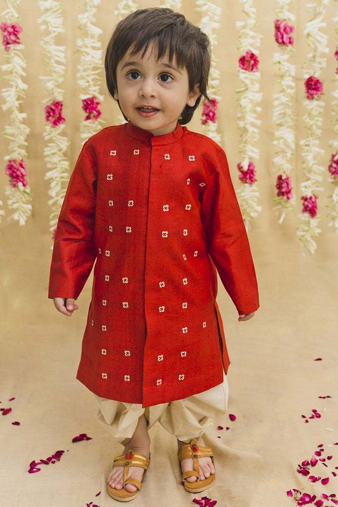 Boys Red Silk Buta Dhoti Set by Tiber Taber Kids