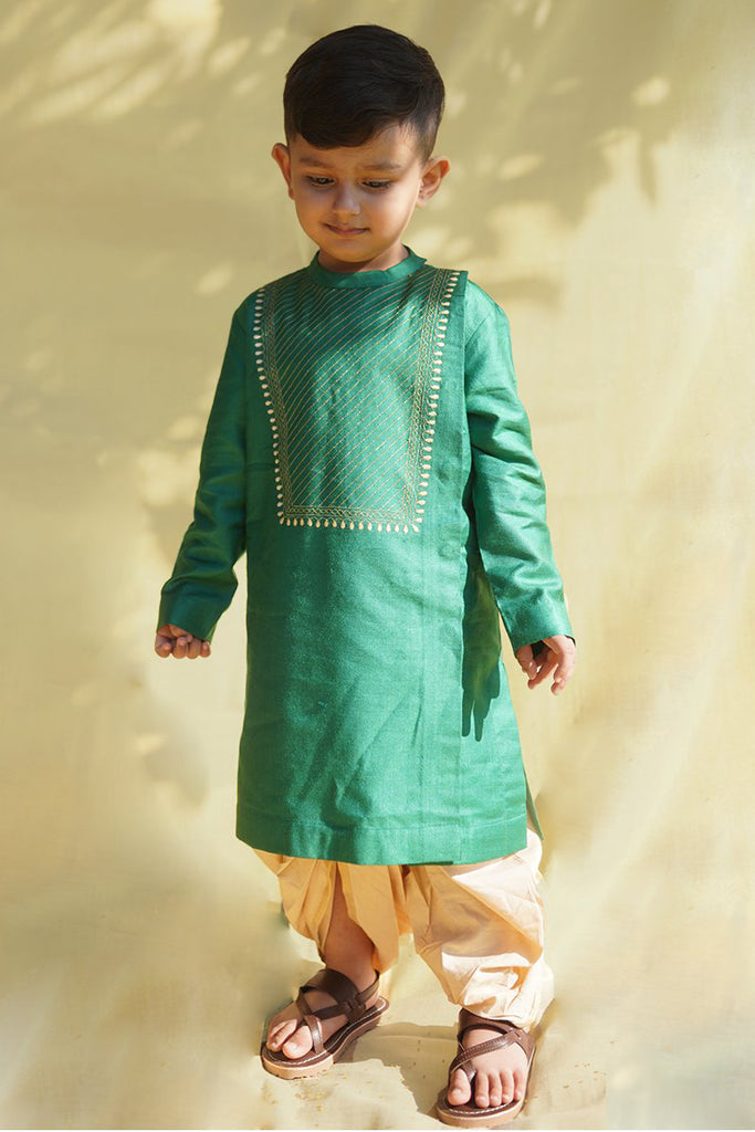 Boys Green Diagonal Yoke Dhoti Set by Tiber Taber Kids
