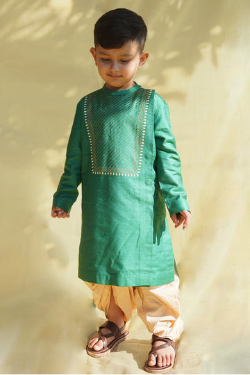Boys Green Diagonal Yoke Dhoti Set by Tiber Taber Kids