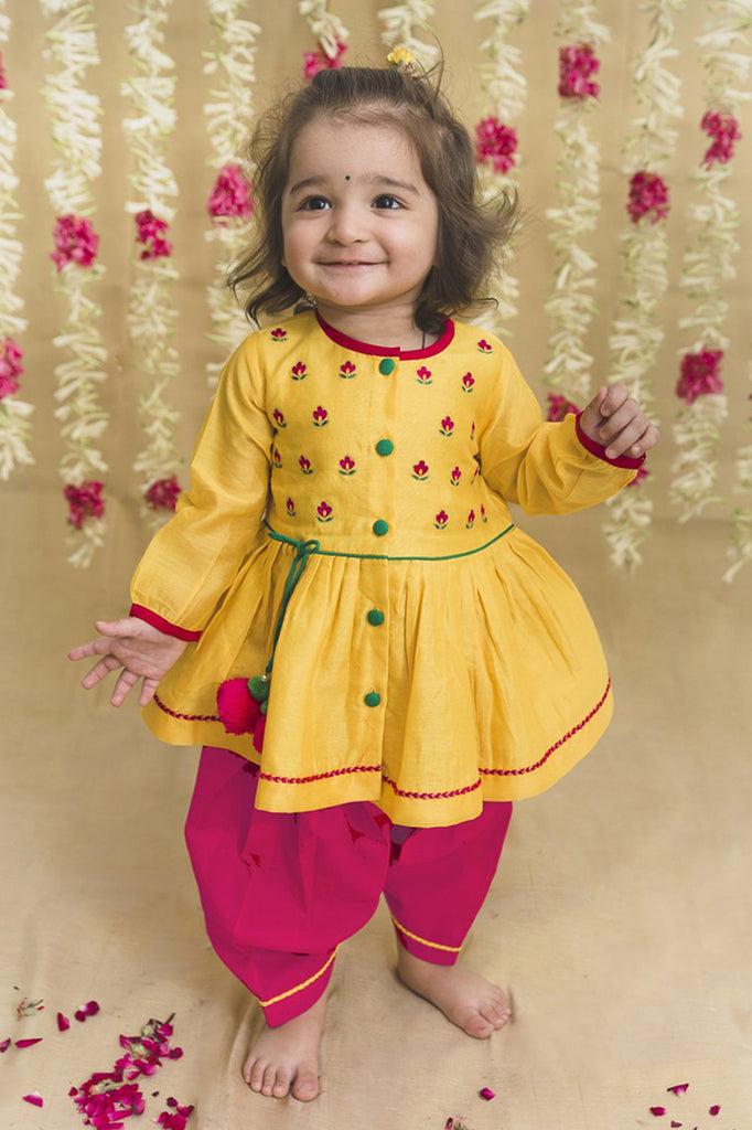 Baby Girl Yellow Silk Buta Angrakha Set by Tiber Taber Kids